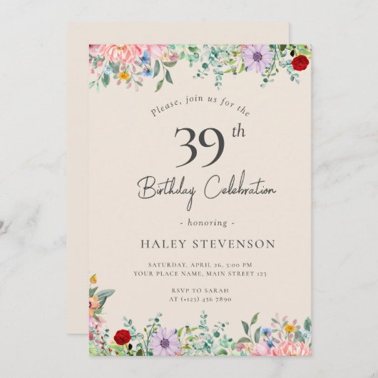 Invitation Fleur sauvage Rustique Boho 39e anniversaire Simpl (Devant / Derrière)