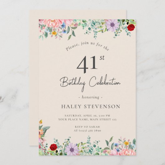 Invitation Fleur sauvage Rustique Boho 41e anniversaire Simpl (Devant / Derrière)