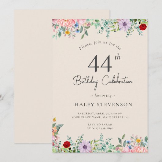 Invitation Fleur sauvage Rustique Boho 44e anniversaire Simpl (Devant / Derrière)