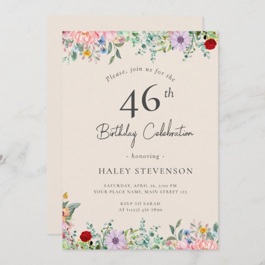 Invitation Fleur sauvage Rustique Boho 46e anniversaire Simpl (Devant / Derrière)