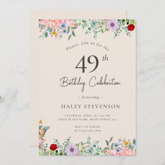 Invitation Fleur sauvage Rustique Boho 49e anniversaire Simpl (Devant / Derrière)