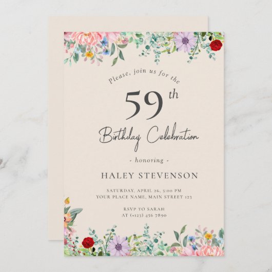 Invitation Fleur sauvage Rustique Boho 59e anniversaire Simpl (Devant / Derrière)