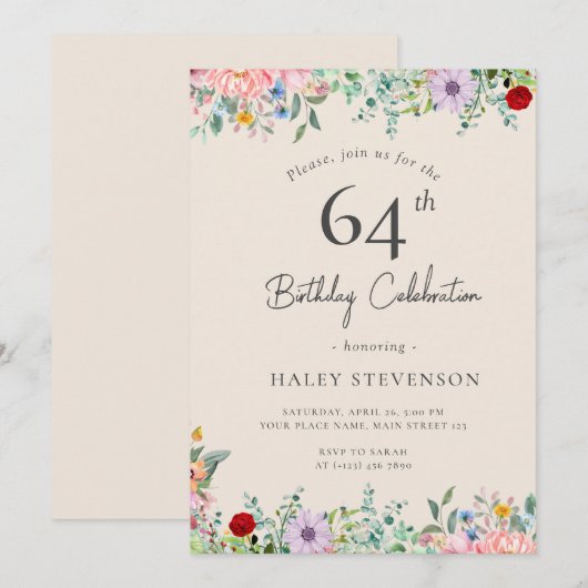 Invitation Fleur sauvage Rustique Boho 64e anniversaire Simpl (Devant / Derrière)