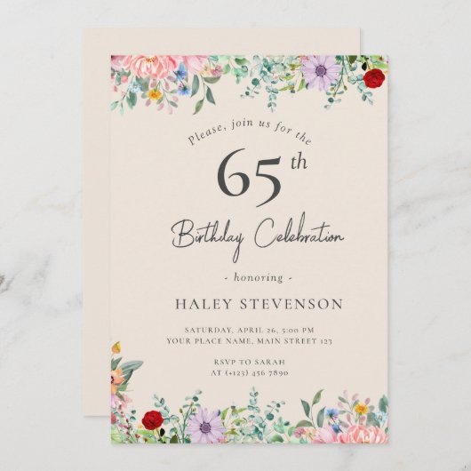 Invitation Fleur sauvage Rustique Boho 65e anniversaire Simpl (Devant / Derrière)