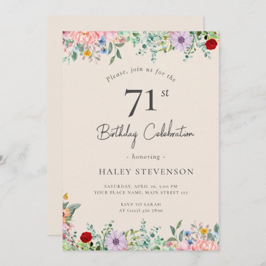 Invitation Fleur sauvage Rustique Boho 71e anniversaire Simpl (Devant / Derrière)