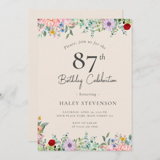 Invitation Fleur sauvage Rustique Boho 87e anniversaire Simpl (Devant / Derrière)