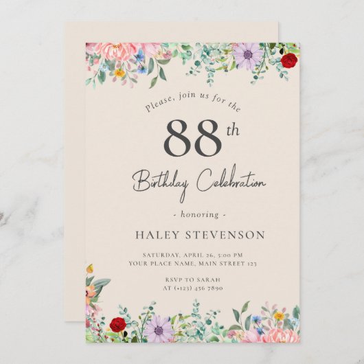 Invitation Fleur sauvage Rustique Boho 88e anniversaire Simpl (Devant / Derrière)
