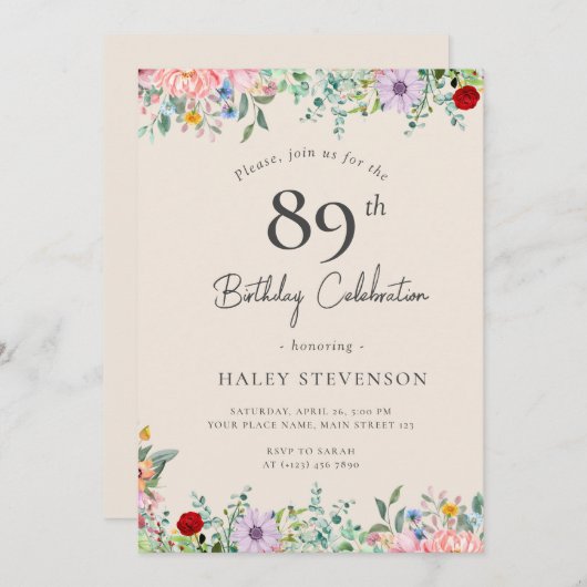 Invitation Fleur sauvage Rustique Boho 89e anniversaire Simpl (Devant / Derrière)