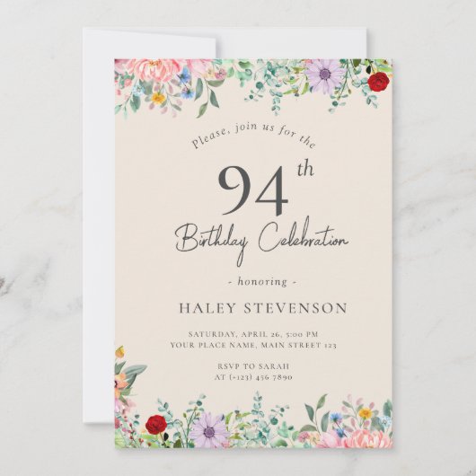 Invitation Fleur sauvage Rustique Boho 94e Anniversaire Simpl (Devant)