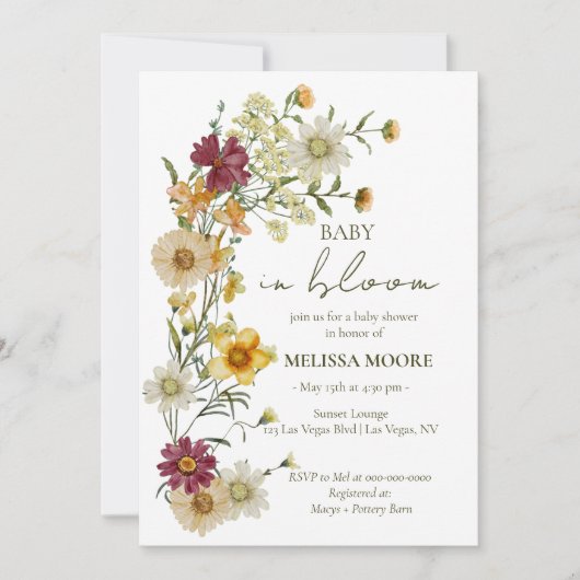 Invitation Fleur sauvage rustique Boho Sage Green Baby shower (Devant)