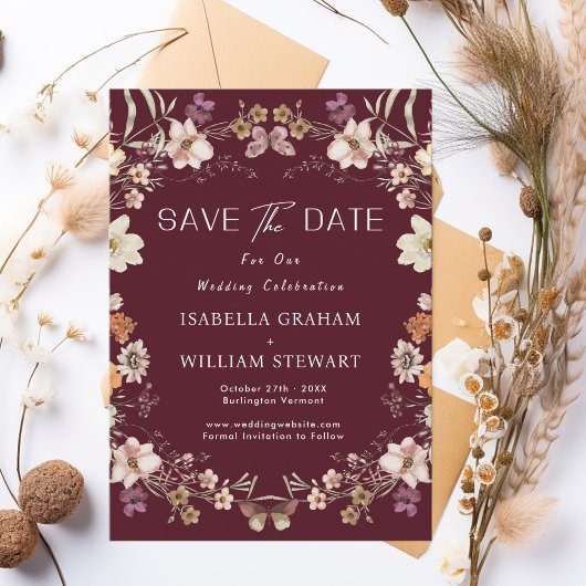 Invitation Fleur sauvage Rustique Bourgogne Boho Enregistrer