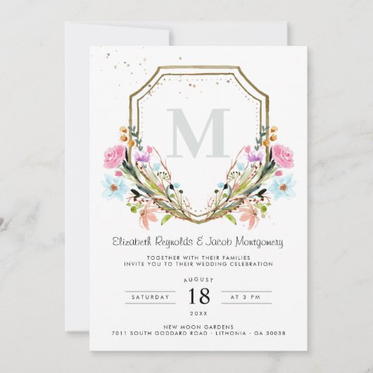 Invitation Fleur sauvage rustique Élégant Mariage Gold Crest (Devant)