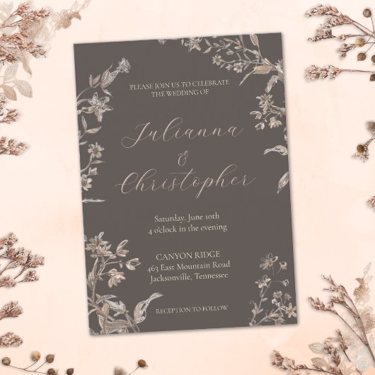 Invitation Fleur sauvage rustique élégant Mocha Script Mariag