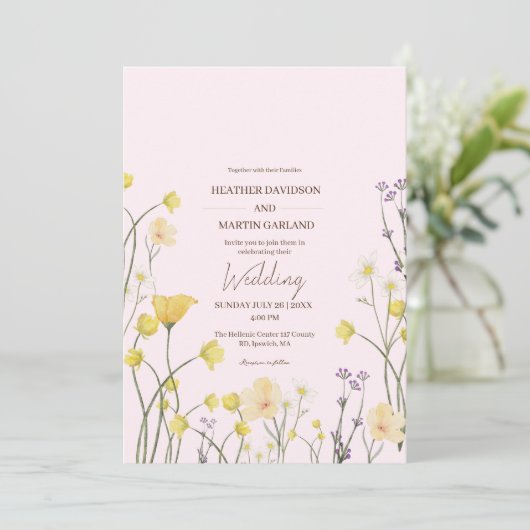 Invitation Fleur sauvage rustique Jardin rose Mariage (Debout devant)