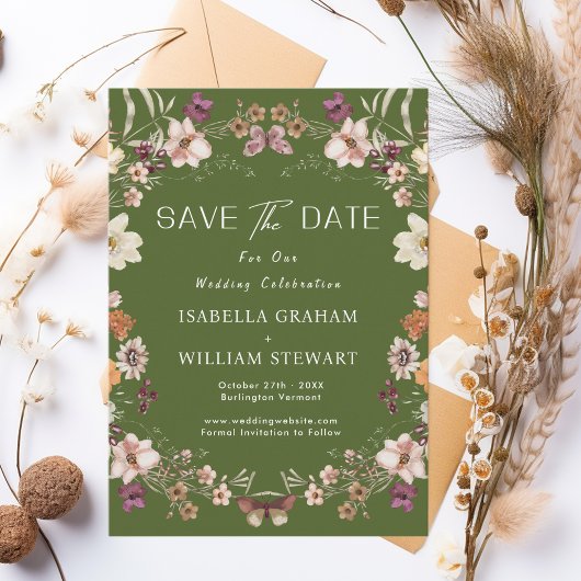 Invitation Fleur sauvage Rustique Moss Green Boho Enregistrer