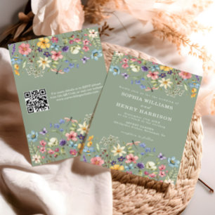 Invitation Fleur sauvage rustique Sage vert Mariage QR Code