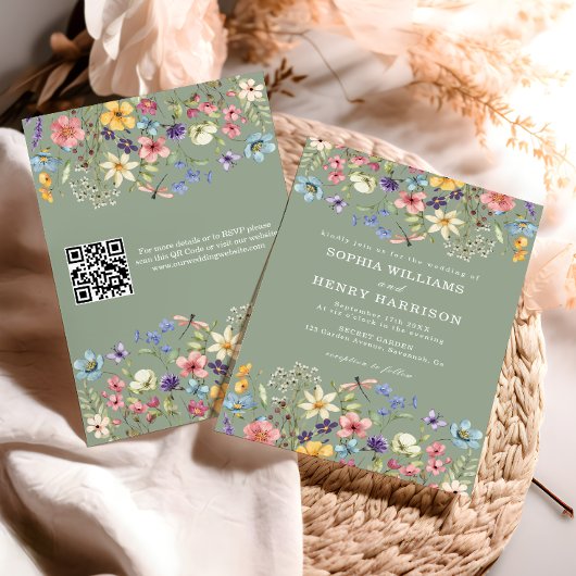Invitation Fleur sauvage rustique Sage vert Mariage QR Code