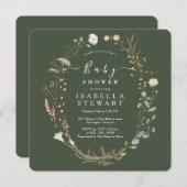 Invitation Fleur sauvage rustique thème Baby shower vert forê (Devant / Derrière)