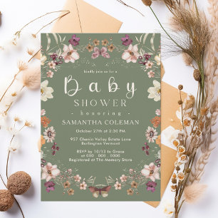 Invitation Fleur sauvage Rustique Thème Sage Baby shower vert