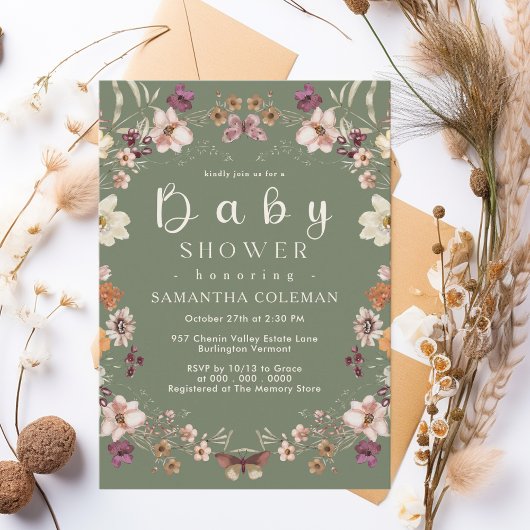 Invitation Fleur sauvage Rustique Thème Sage Baby shower vert