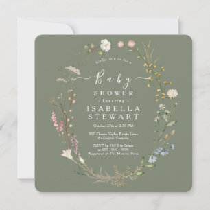 Invitation Fleur sauvage Rustique Thème Sage Baby shower vert