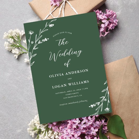 Invitation Fleur sauvage Rustique vert foncé Boho Mariage
