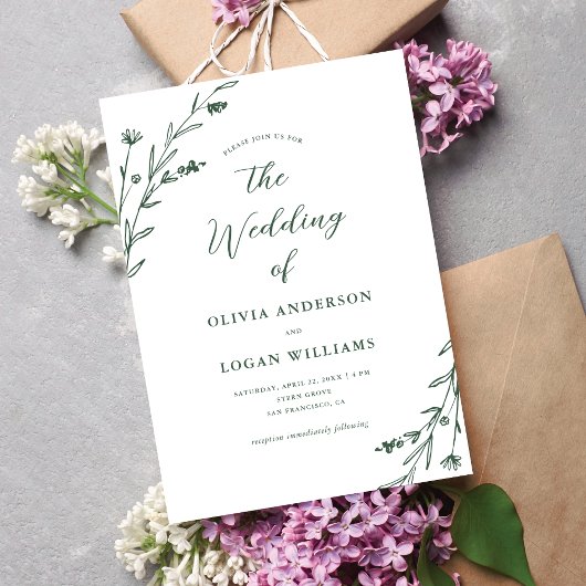Invitation Fleur sauvage Rustique vert foncé Boho Mariage