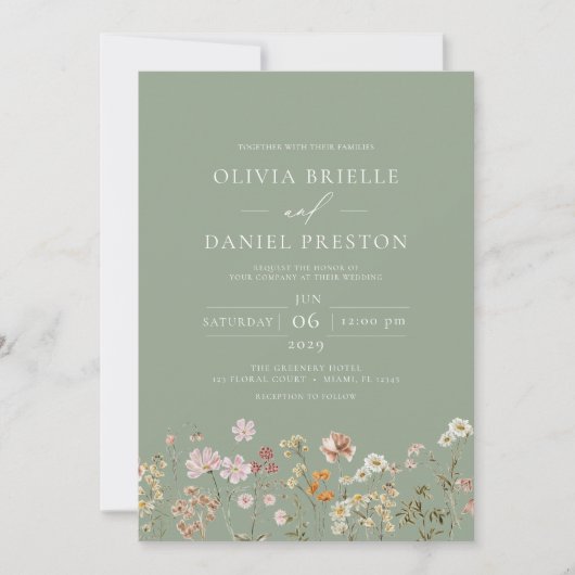 Invitation Fleur sauvage Sage Green All in One QR Code Mariag (Devant)