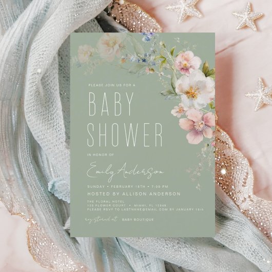 Invitation Fleur sauvage Sage Green Boho Baby shower Élégant