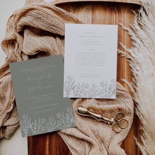Invitation Fleur sauvage Sage Green Mariage avant et arrière