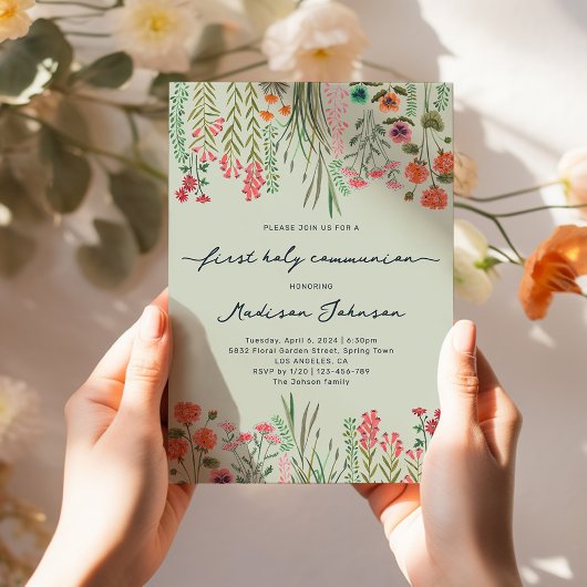 Invitation Fleur sauvage Sage Green Première Communion sainte