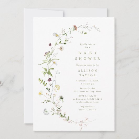Invitation Fleur sauvage Sage Green Rustic Boho Baby shower (Devant)