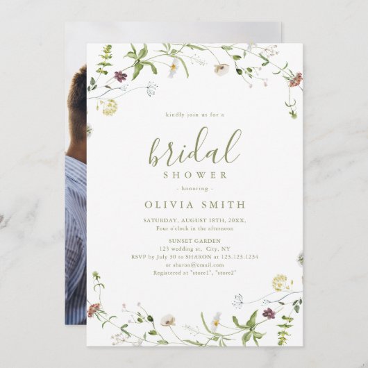 Invitation Fleur sauvage Sage Green Rustic Boho Fête des mari (Devant / Derrière)