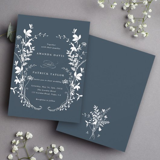 Invitation Fleur sauvage Silhouette couronne Mariage Marine b