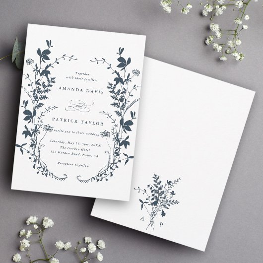 Invitation Fleur sauvage Silhouette couronne Mariage Marine b