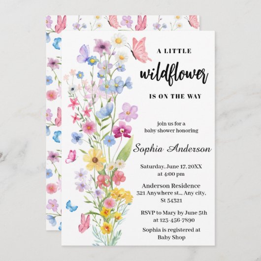 Invitation Fleur sauvage simple Boho Floral Neutral Baby show (Devant / Derrière)