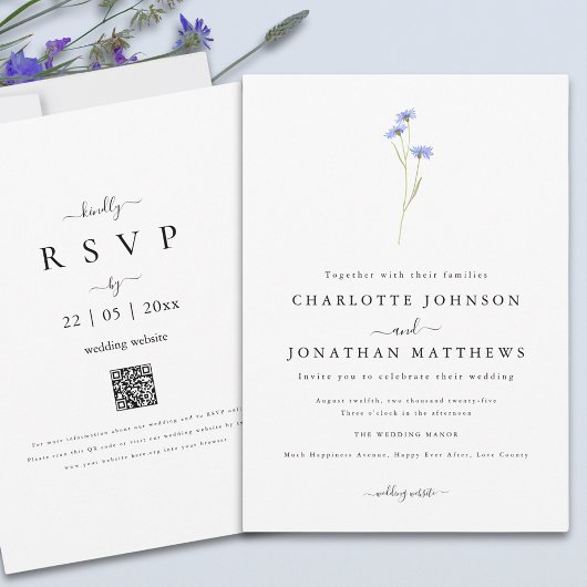 Invitation Fleur sauvage simple Elegant Script QR code Mariag