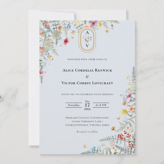 Invitation Fleur sauvage simple Fern Dusty Blue Mariage Monog (Devant)