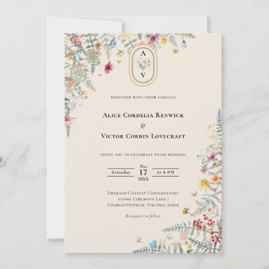 Invitation Fleur sauvage simple Fern Mariage beige Monogramme (Devant)