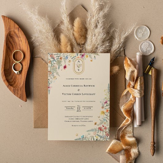 Invitation Fleur sauvage simple Fern Mariage beige Monogramme
