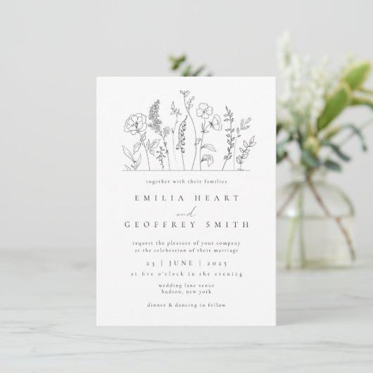 Invitation Fleur sauvage simple Garden Lineart Mariage (Debout devant)