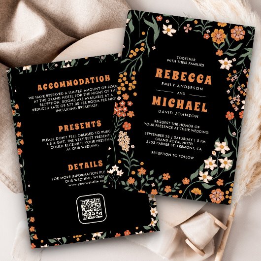 Invitation Fleur sauvage Super noir orange tout en un Mariage
