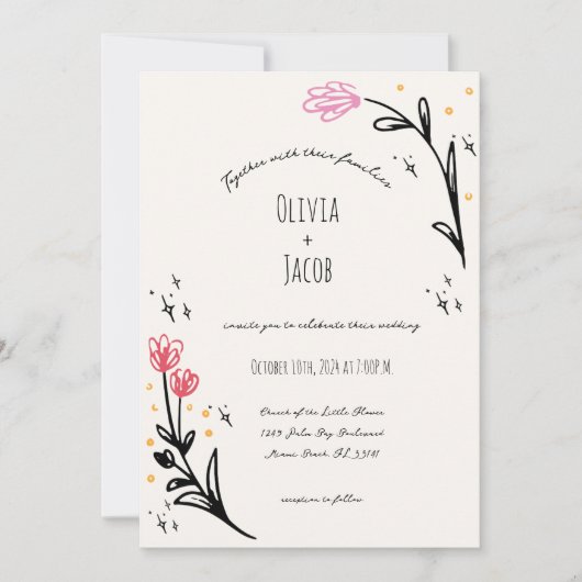 Invitation Fleur sauvage tiré à la main Scribble Wavy Border (Devant)