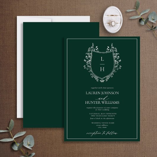 Invitation Fleur sauvage vert classique Monogram Crest Mariag