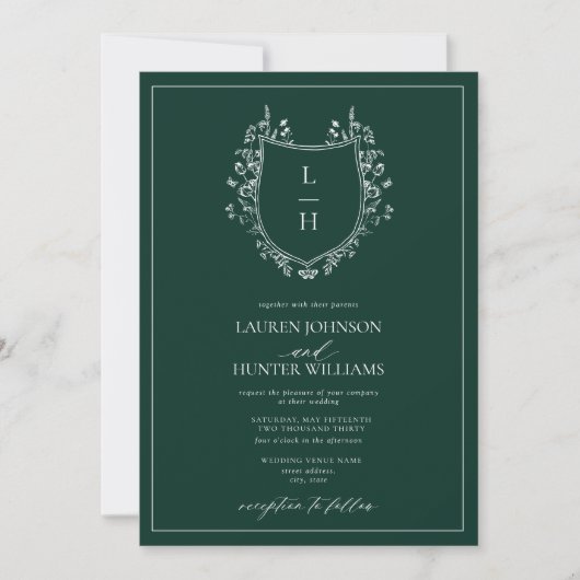 Invitation Fleur sauvage vert classique Monogram Crest Mariag (Devant)