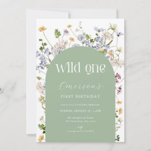 Invitation Fleur sauvage vert Wild Un 1er anniversaire Invita