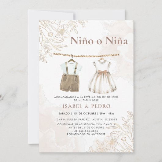 Invitation Fleur sauvage Vêtements de bébé espagnol Révélatio (Devant)