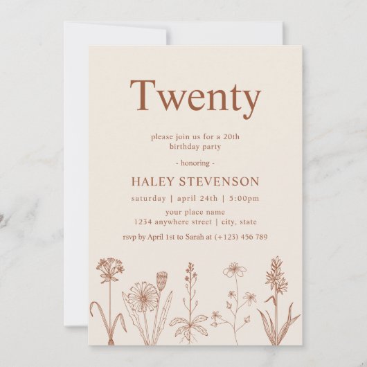 Invitation Fleur sauvage Vingt Terracotta beige 20e anniversa (Devant)