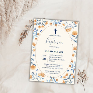 Invitation Fleur sauvage vintage Boho Frame Cross Baptême