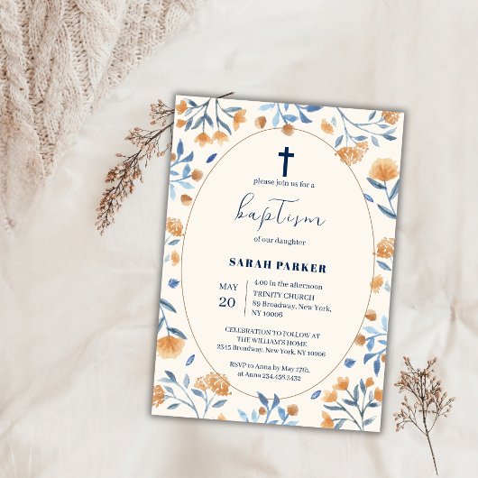 Invitation Fleur sauvage vintage Boho Frame Cross Baptême